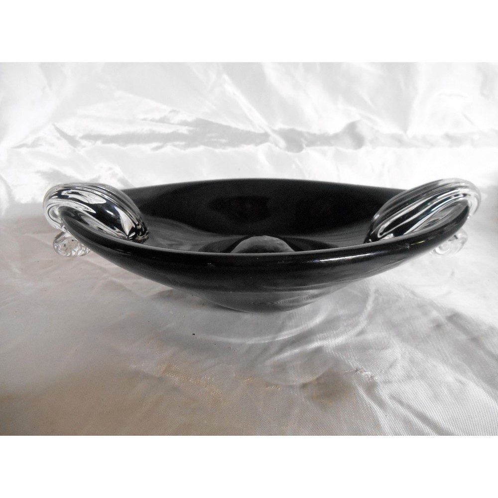 Art Deco Black Glass Trinket Bowl with Clear Swirled Handles Handcrafted